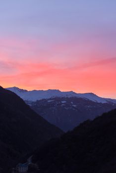 beautiful sunset on mountain at winter seasson and fresh snow