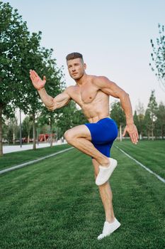 athletic man with a pumped-up torso exercise in the park fitness. High quality photo