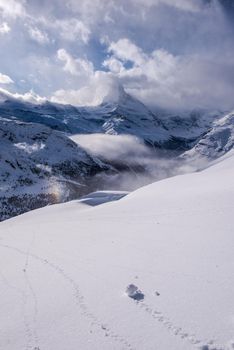 mountain matterhorn zermatt switzerland with fresh snow on beautiful winter day