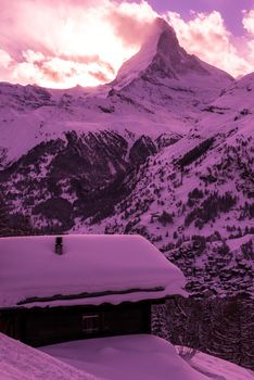 mountain matterhorn zermatt switzerland with fresh snow on beautiful winter day