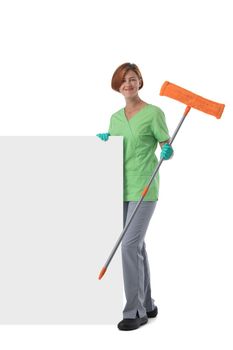 Cleaner woman with mop and blank banner isolated on white background, full length portrait