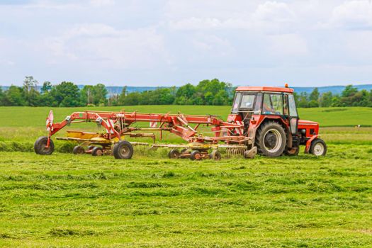 A tractor with a rotary rake rakes freshly cut grass for silage on a large field.