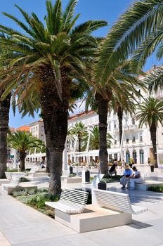 People on holiday taking break under palm