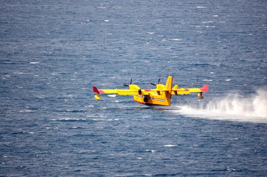 Airplane on sea taking water to drop over fire