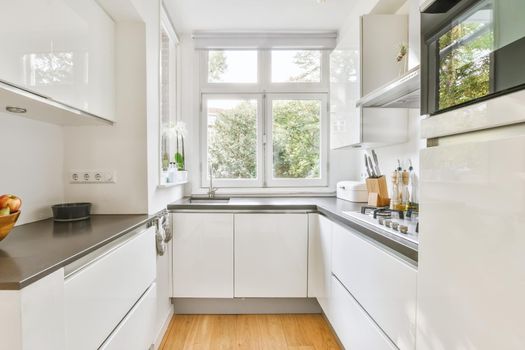 Small cozy bright kitchen with a window to the street