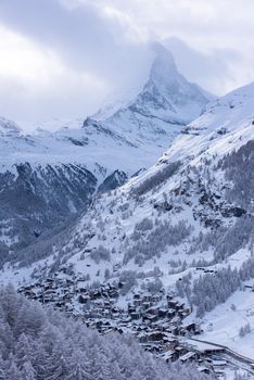 mountain matterhorn zermatt switzerland with fresh snow on beautiful winter day