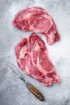 Raw fresh marbled meat Steak Ribeye. Black Angus Rib eye set, on gray stone background