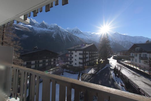 French alps mountain peaks covered with fresh snow. Winter landscape nature scene on beautiful sunny winter day.