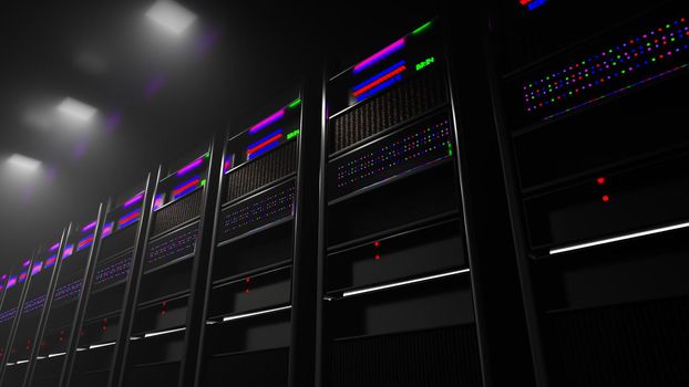 Servers racks in server room cloud data center. Datacenter hardware cluster. Backup, hosting, mainframe, mining, farm and computer rack with storage information. 3D rendering. 3D illustration