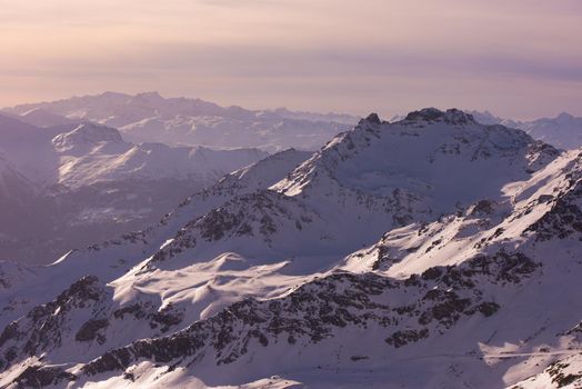 beautiful sunset on mountain at winter seasson and fresh snow