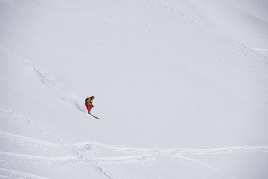 extreme freeride skier skiing on fresh powder snow in downhill at winter mountains