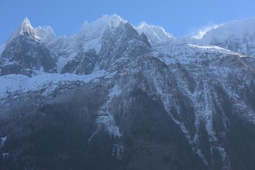 French alps mountain peaks covered with fresh snow. Winter landscape nature scene on beautiful sunny winter day.