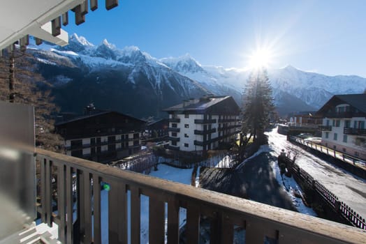 French alps mountain peaks covered with fresh snow. Winter landscape nature scene on beautiful sunny winter day.