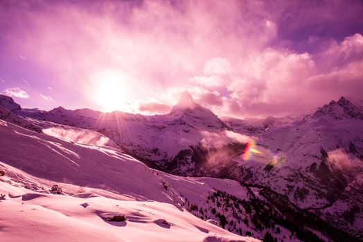 mountain matterhorn zermatt switzerland with fresh snow on beautiful winter day