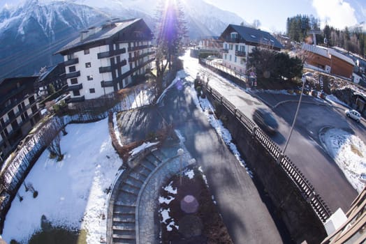 French alps mountain peaks covered with fresh snow. Winter landscape nature scene on beautiful sunny winter day.