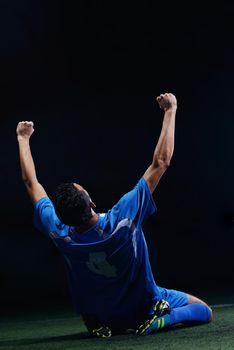 soccer player doing kick with ball on football stadium  field  isolated on black background