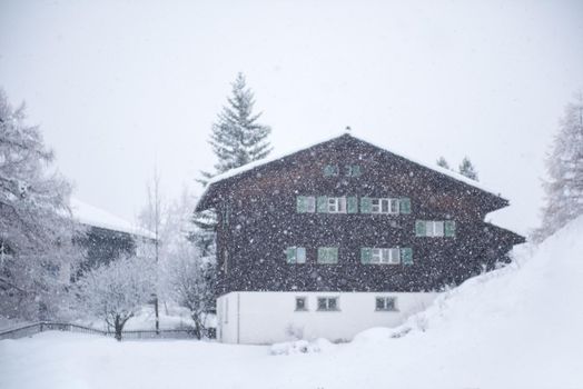 beautiful winter landscape with a mountain house in snowstorm