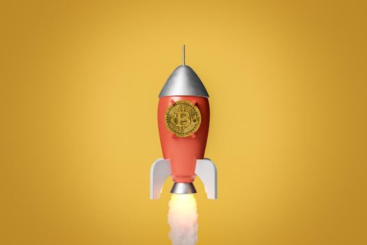 rocket ascending with an assembled Bitcoin. success concept, ascent, price, to the moon, cryptocurrencies, trading. 3d rendering