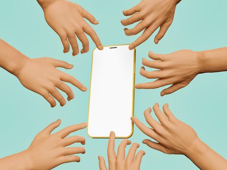 mobile phone mockup with blank screen and many hands pointing at it. 3d rendering