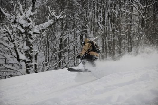 freestyle snowboarder jump and ride free style  at sunny winter day on mountain