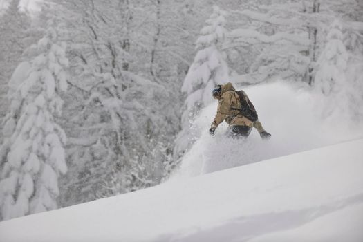 freestyle snowboarder jump and ride free style  at sunny winter day on mountain