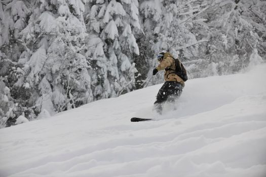 freestyle snowboarder jump and ride free style  at sunny winter day on mountain