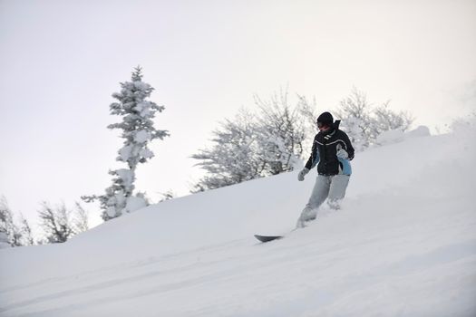 freestyle snowboarder jump and ride free style  at sunny winter day on mountain