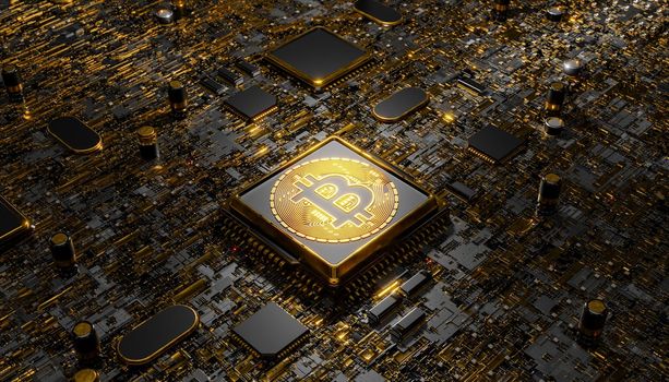 isometric view of processor with Bitcoin symbol on gold plated circuit board. Cryptocurrency concept, mining, success, exchange, trading, technology. 3d rendering