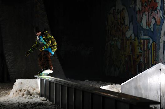 young free style snowboarder jumping in air and make acrobations