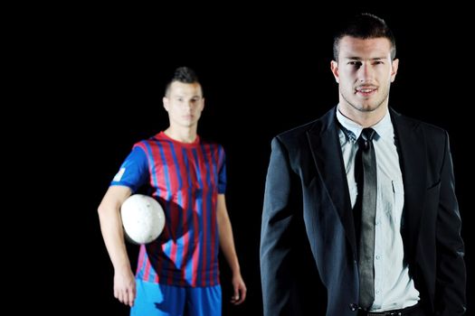 soccer  sport manager in business suit coach and football player on stadium with green grass and white ball