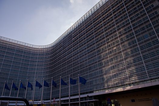European flags in front of the Berlaymont building, headquarters of the European commission in Brussels
