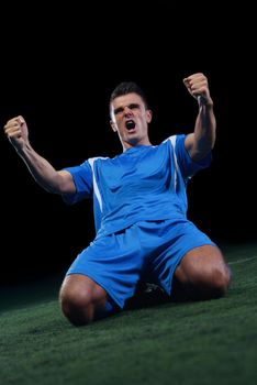 soccer player doing kick with ball on football stadium  field  isolated on black background