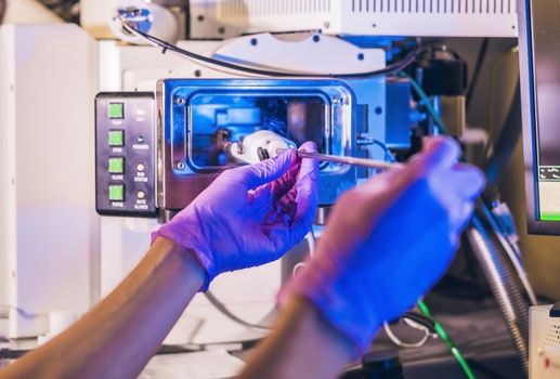 Scientist in a laboratory works with an electron microscope gateway. Putting a sample into a chamber.