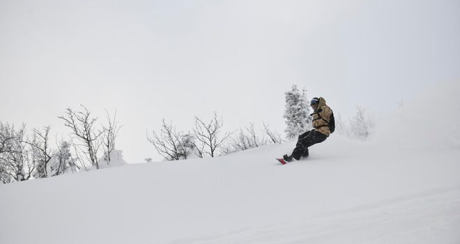 freestyle snowboarder jump and ride free style  at sunny winter day on mountain