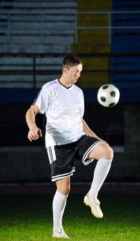 soccer player doing kick with ball on football stadium  field  isolated on black background  in night