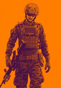 american  marine corps special operations soldier with fire arm weapon and protective army tactical gear with glitch computer error effect