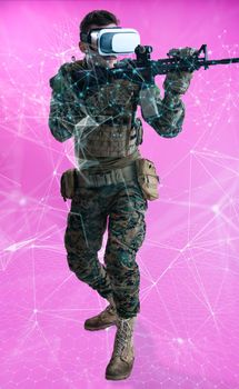 modern warfare futuristic soldier using vr virtual reality glasses with neural network dots and lines in background as concept of artificial intelience on hud screen display