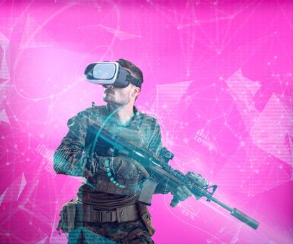 modern warfare futuristic soldier using vr virtual reality glasses with neural network dots and lines in background as concept of artificial intelience on hud screen display