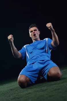 soccer player doing kick with ball on football stadium  field  isolated on black background