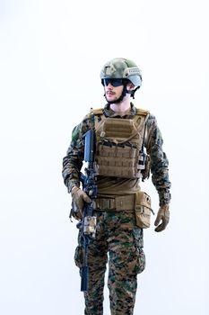 american  marine corps special operations modern warfare soldier with fire arm weapon and protective army tactical gear ready for battle