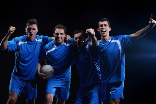 soccer players team group celebrating the victory and become champion of game while holding win coup