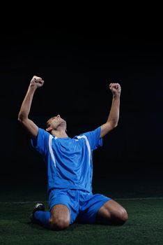 soccer player doing kick with ball on football stadium  field  isolated on black background