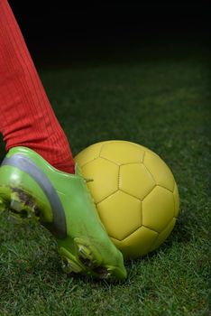 soccer player doing kick with ball on football stadium  field  isolated on black background