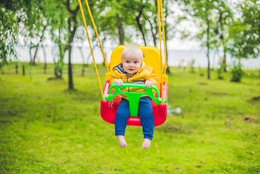 happy little boy riding on a swing in a park.