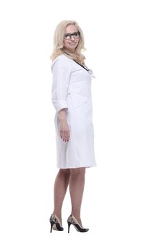 rear view. female doctor looking at the camera. isolated on a white background.