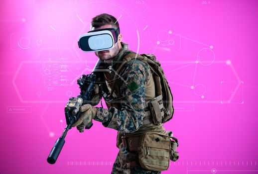 modern warfare futuristic soldier using vr virtual reality glasses with neural network dots and lines in background as concept of artificial intelience on hud screen display