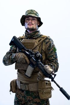 american  marine corps special operations modern warfare soldier with fire arm weapon and protective army tactical gear ready for battle