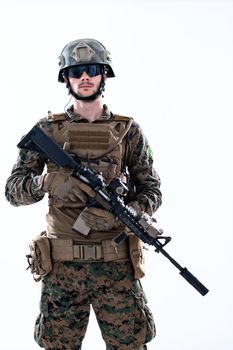 american  marine corps special operations soldier with fire arm weapon and protective army tactical gear clothes Studio shot isolated on white background