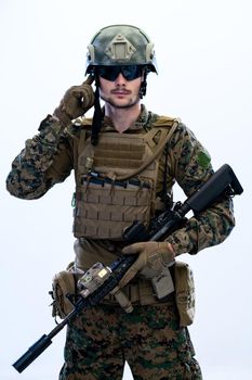 american  marine corps special operations modern warfare soldier with fire arm weapon and protective army tactical gear ready for battle