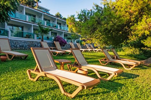 Kusadasi,Aydin,Turkey- July 21,2021.The view from Pinebay holiday village and resort in Kusadasi, in the sea and nature and summer sesason.